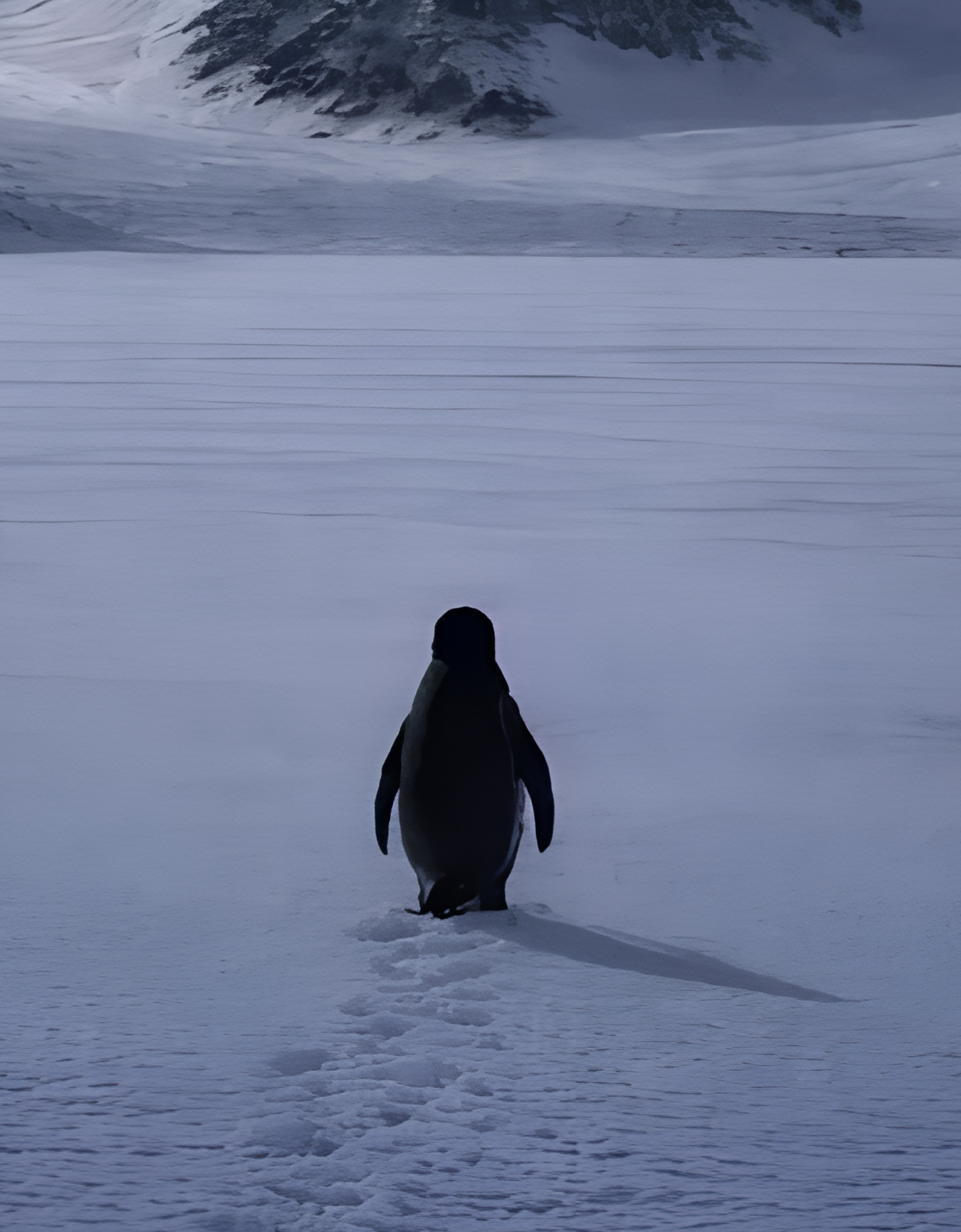 A lone penguin walking into the vast white expanse