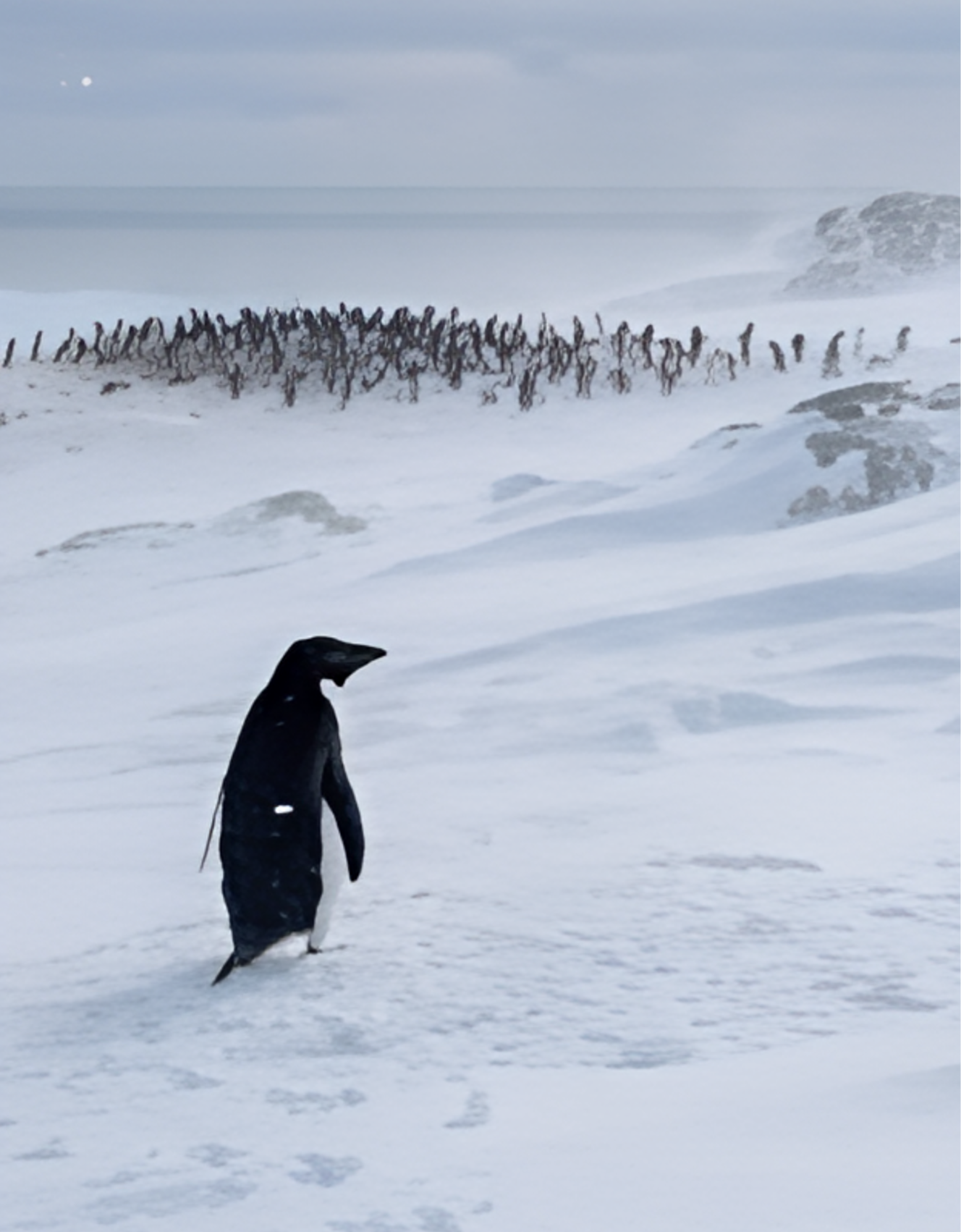 A penguin walking away from the colony, choosing its own path